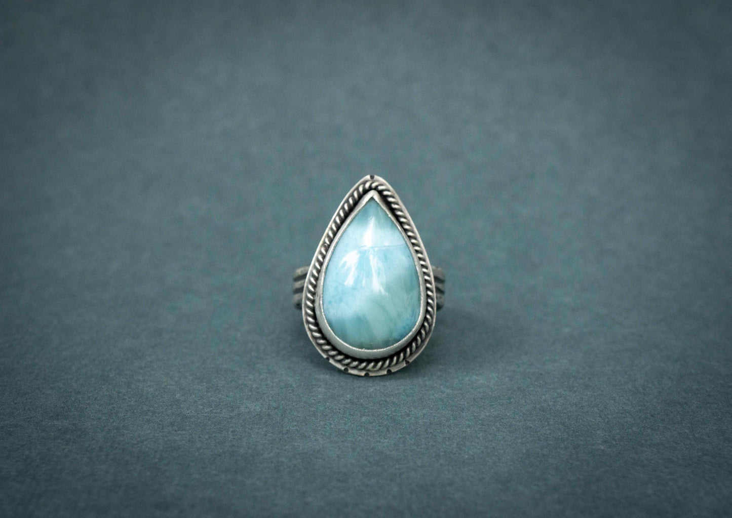 Larimar Sterling Silver Ring: Pear-Shaped Blue Gemstone, Size 9.5