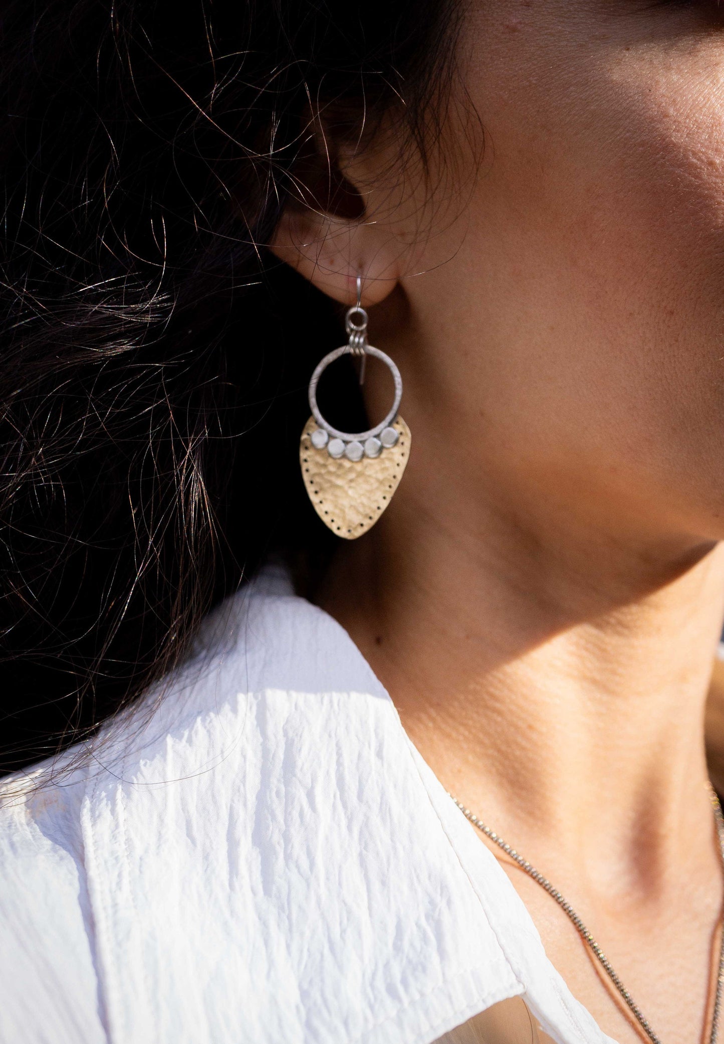 Hammered Brass and Sterling Silver Earrings: Mixed Metal Dangle Earrings