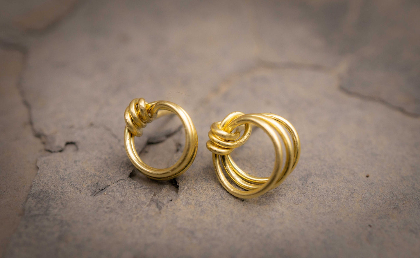 Small Gold Post Earrings: Wire-Wrapped Brass Triple Circle Design