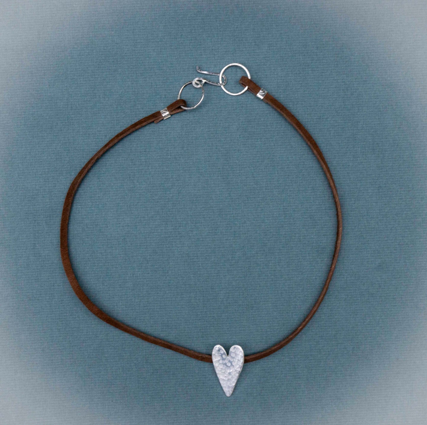Hammered Sterling Silver Heart Choker: Boho Leather Cord Necklace