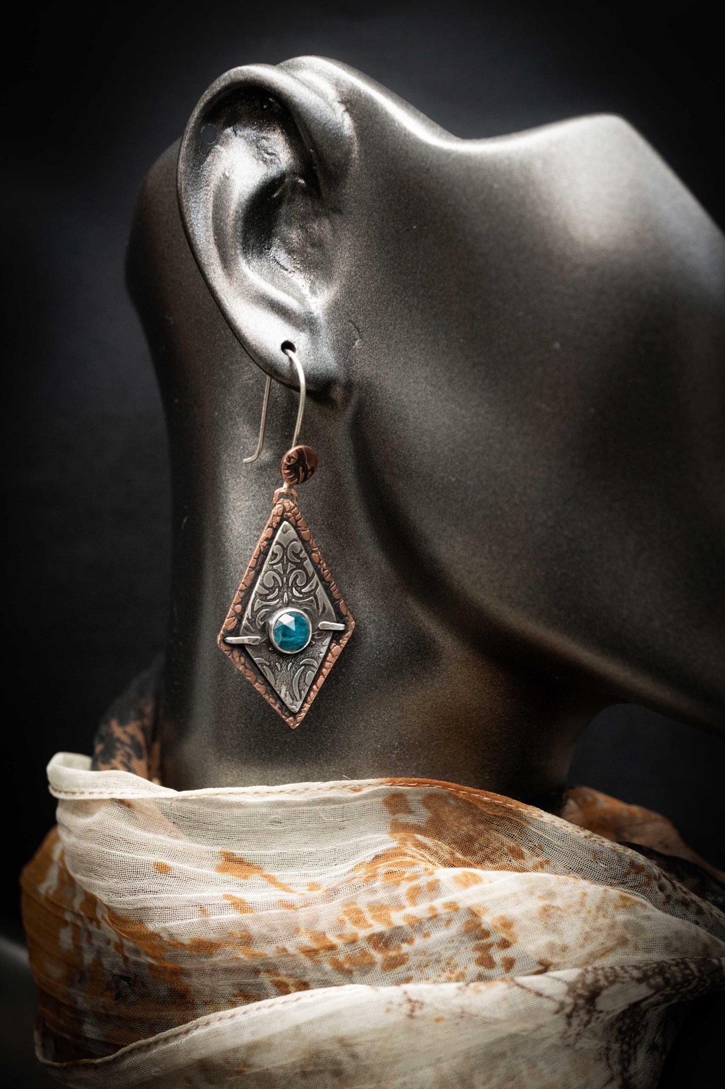 Kyanite Copper Dangle Earrings: Teal Gemstone, Medieval Style