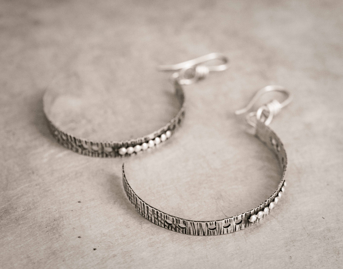 Sterling Silver Half Hoop Earrings: Textured Oxidized Design, handmade