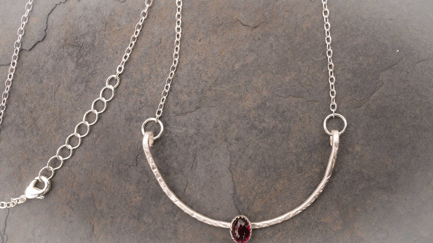 Garnet Necklace: January Birthstone, Textured Sterling Silver Bar