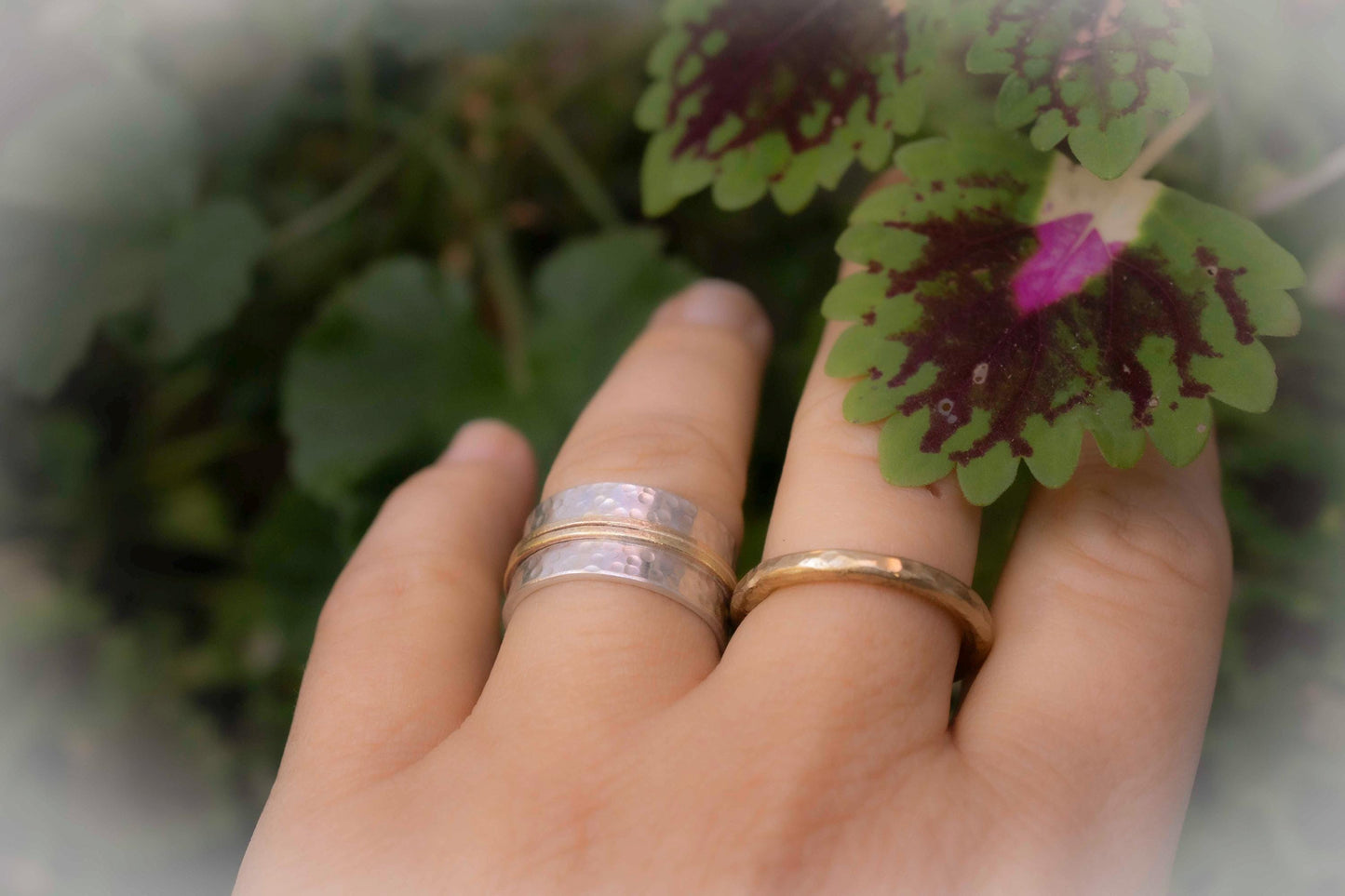 Hammered Sterling Silver & Gold Ring: Mixed Metal Open Band