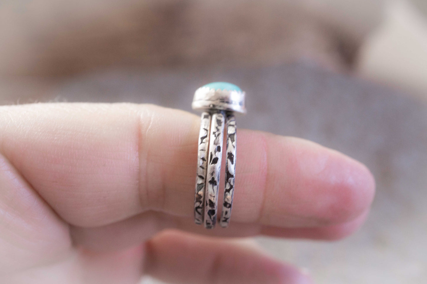 Sterling Silver Stacking Rings with Amazonite; BOHO Silver Rings set of 3, handmade