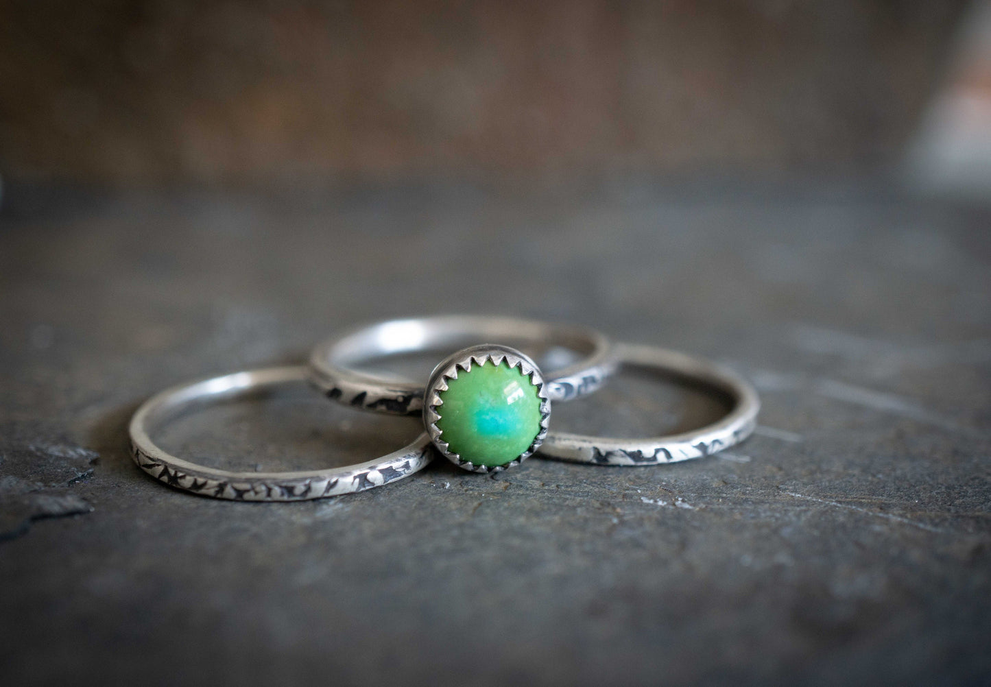 Sonoran Gold Turquoise Stacking Rings: Textured Sterling Silver Ring Set
