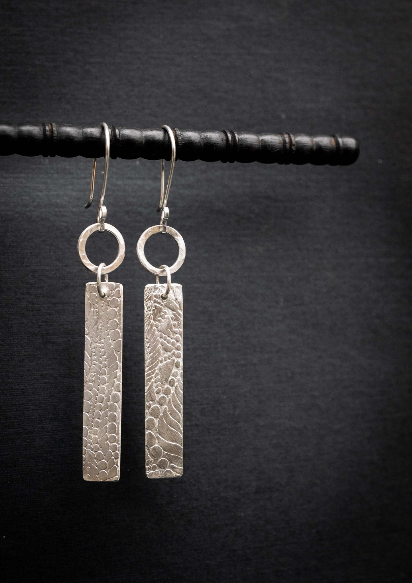 Textured Sterling Silver Bar Earrings: Long Geometric Dangle