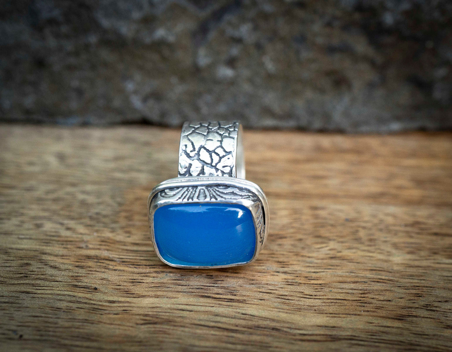 Electric Blue Chalcedony Ring: Oxidized Recycled Sterling Silver, Handmade