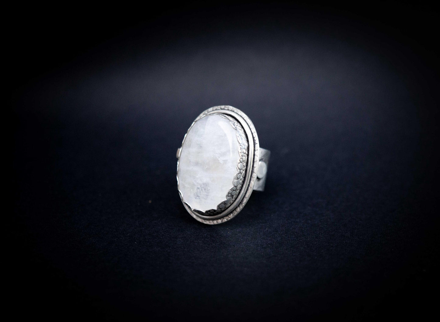 Big Moonstone Ring, all sterling silver handmade, adjustable ring band