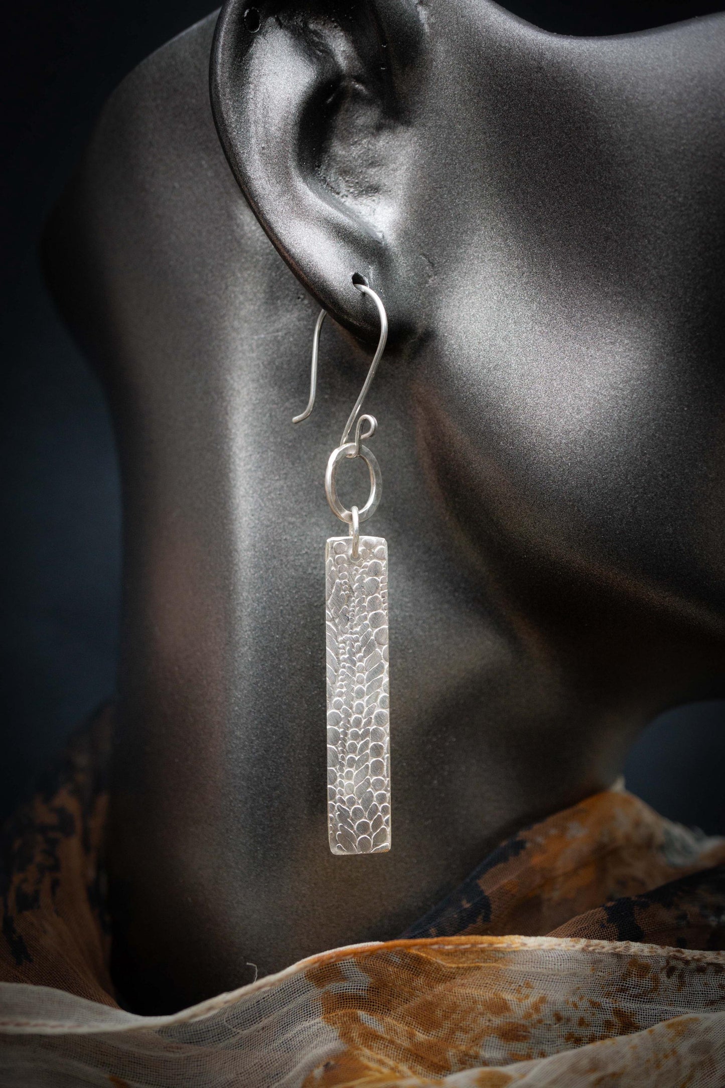 Textured Sterling Silver Bar Earrings: Long Geometric Dangle