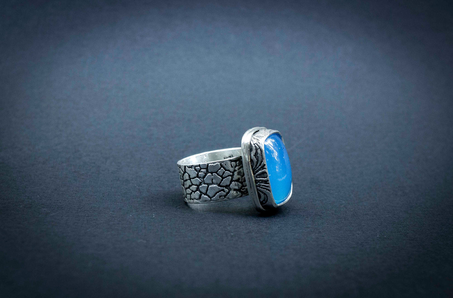 Electric Blue Chalcedony Ring: Oxidized Recycled Sterling Silver, Handmade
