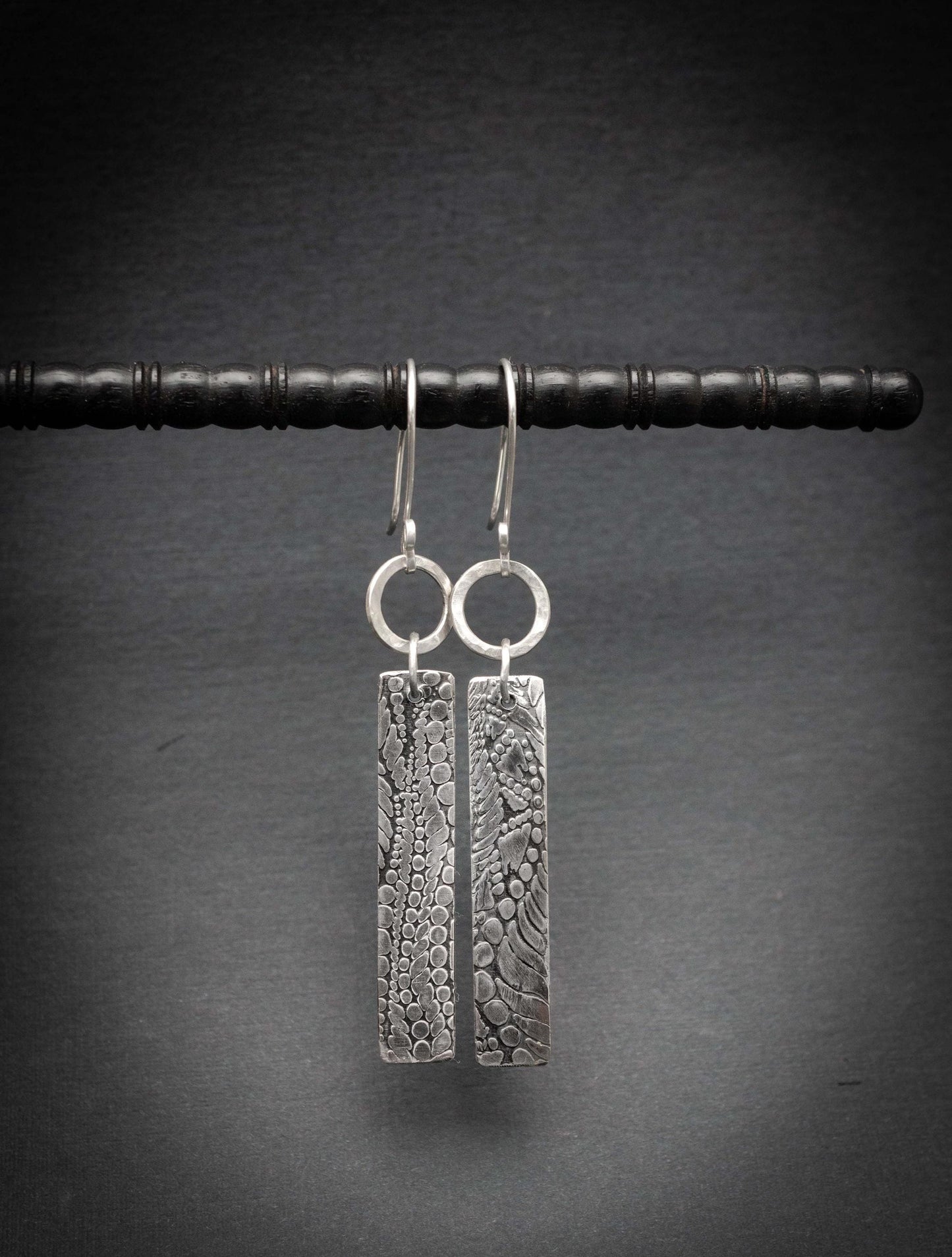 Textured Sterling Silver Bar Earrings: Long Geometric Dangle