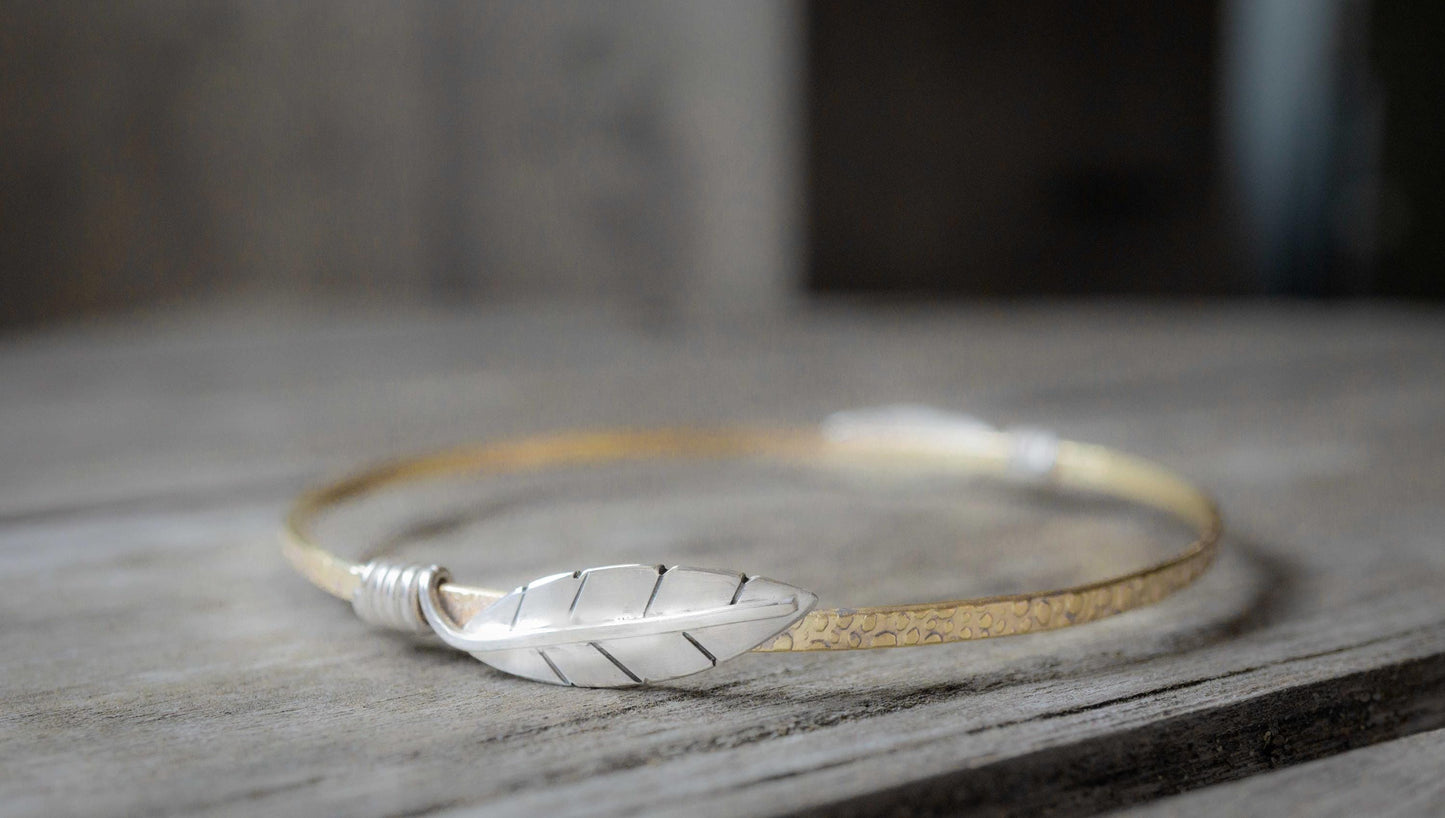 Mixed Metal Leaf Bangle Bracelet: Sterling Silver & Jewelers Brass