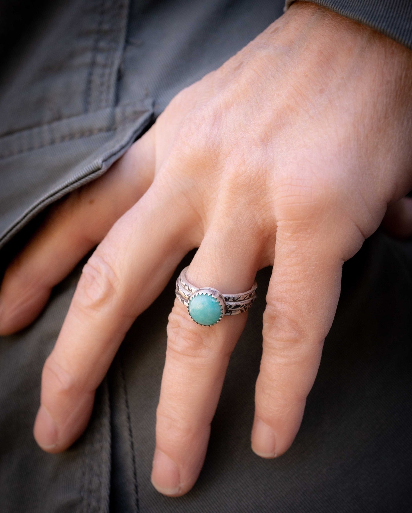 Sterling Silver Stacking Rings with Amazonite; BOHO Silver Rings set of 3, handmade