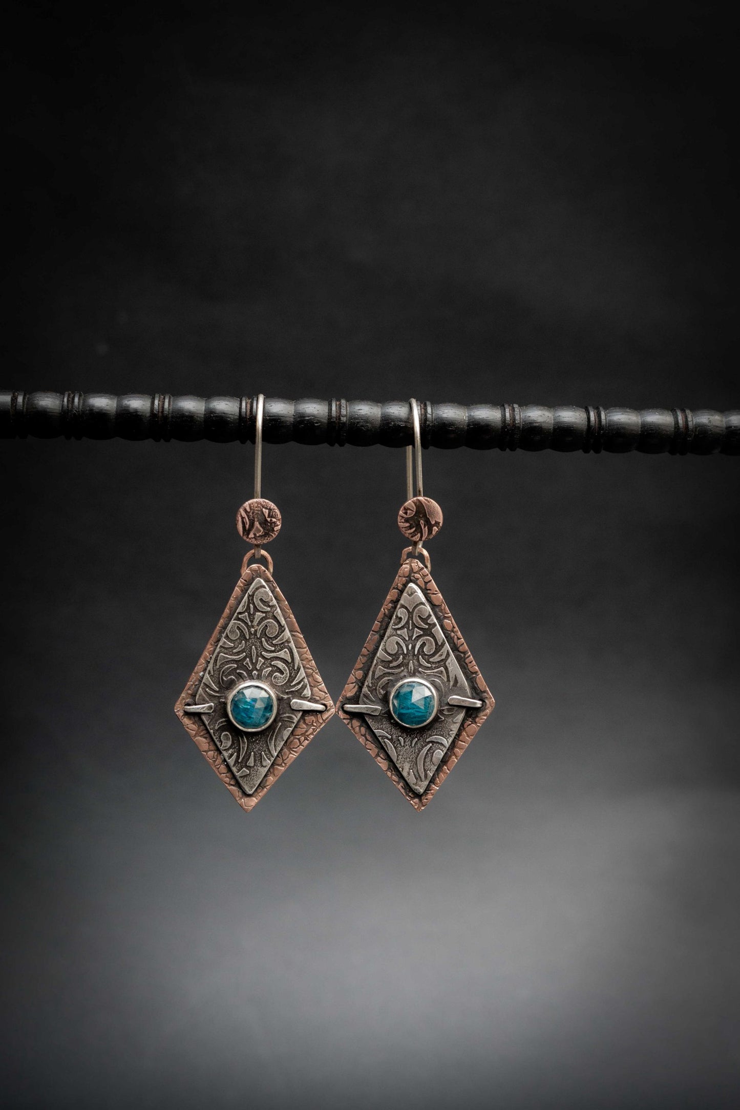 Kyanite Copper Dangle Earrings: Teal Gemstone, Medieval Style