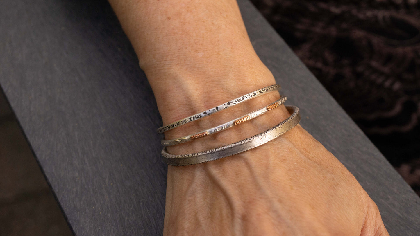 Handmade Thin Silver Cuff Bracelet: Copper Accent, Rugged Design