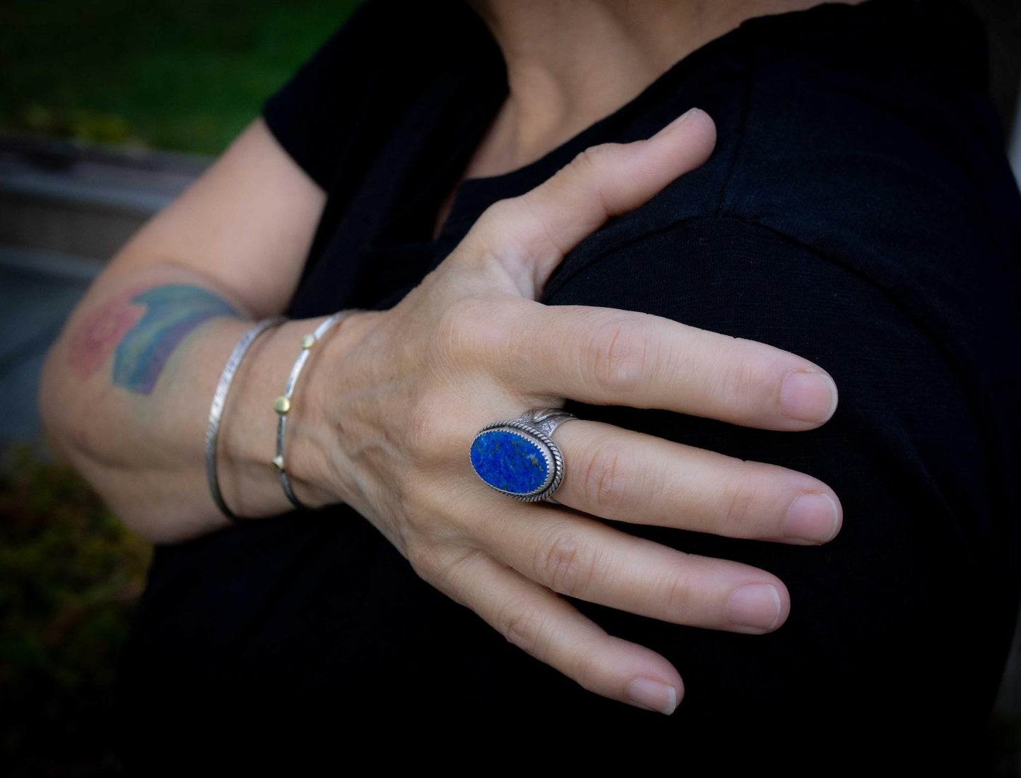 Lapis Lazuli Sterling Silver Ring | Handmade with Silver Leaf and oxidation, size 7