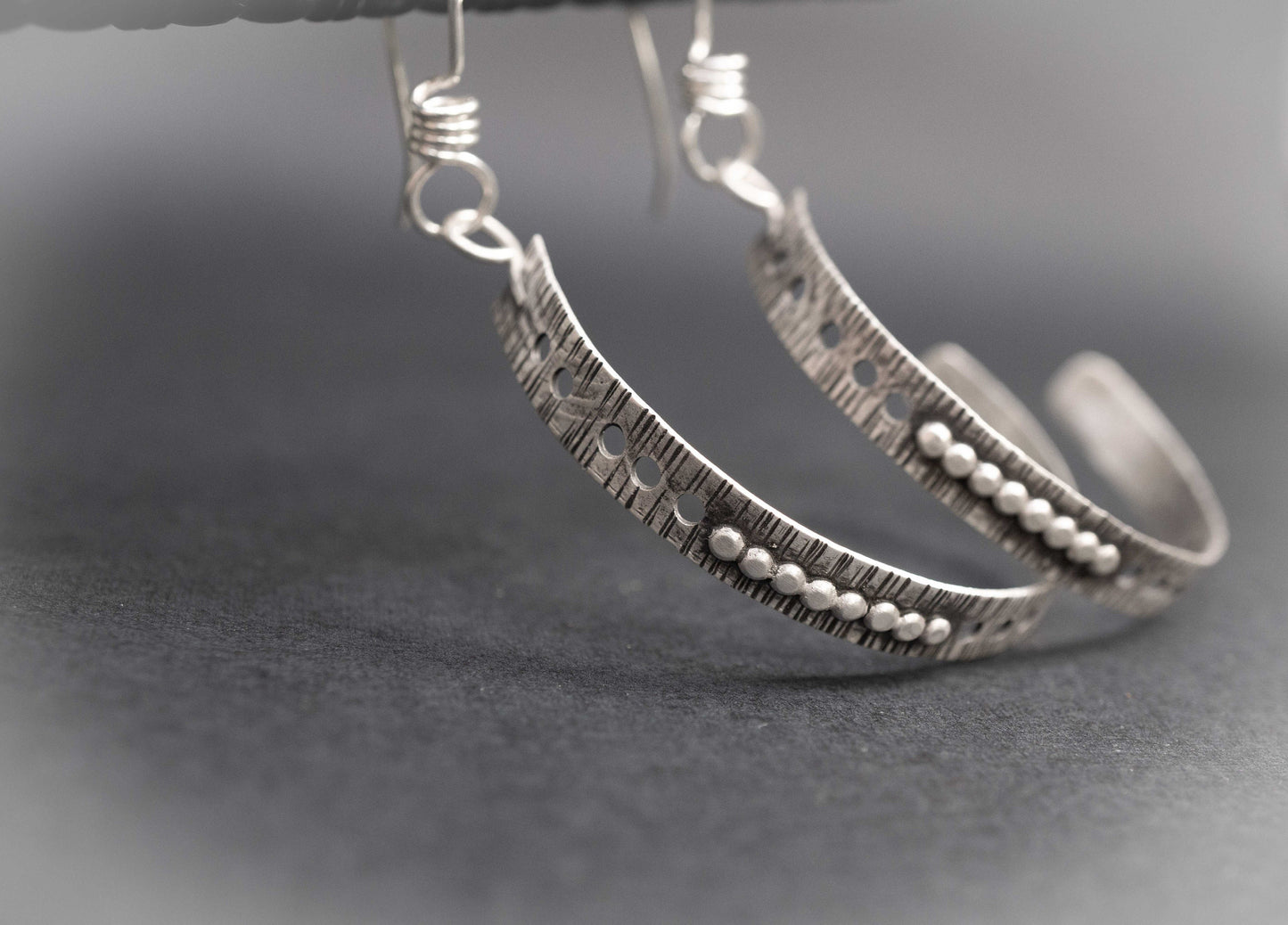 Sterling Silver Half Hoop Earrings: Textured Oxidized Design, handmade