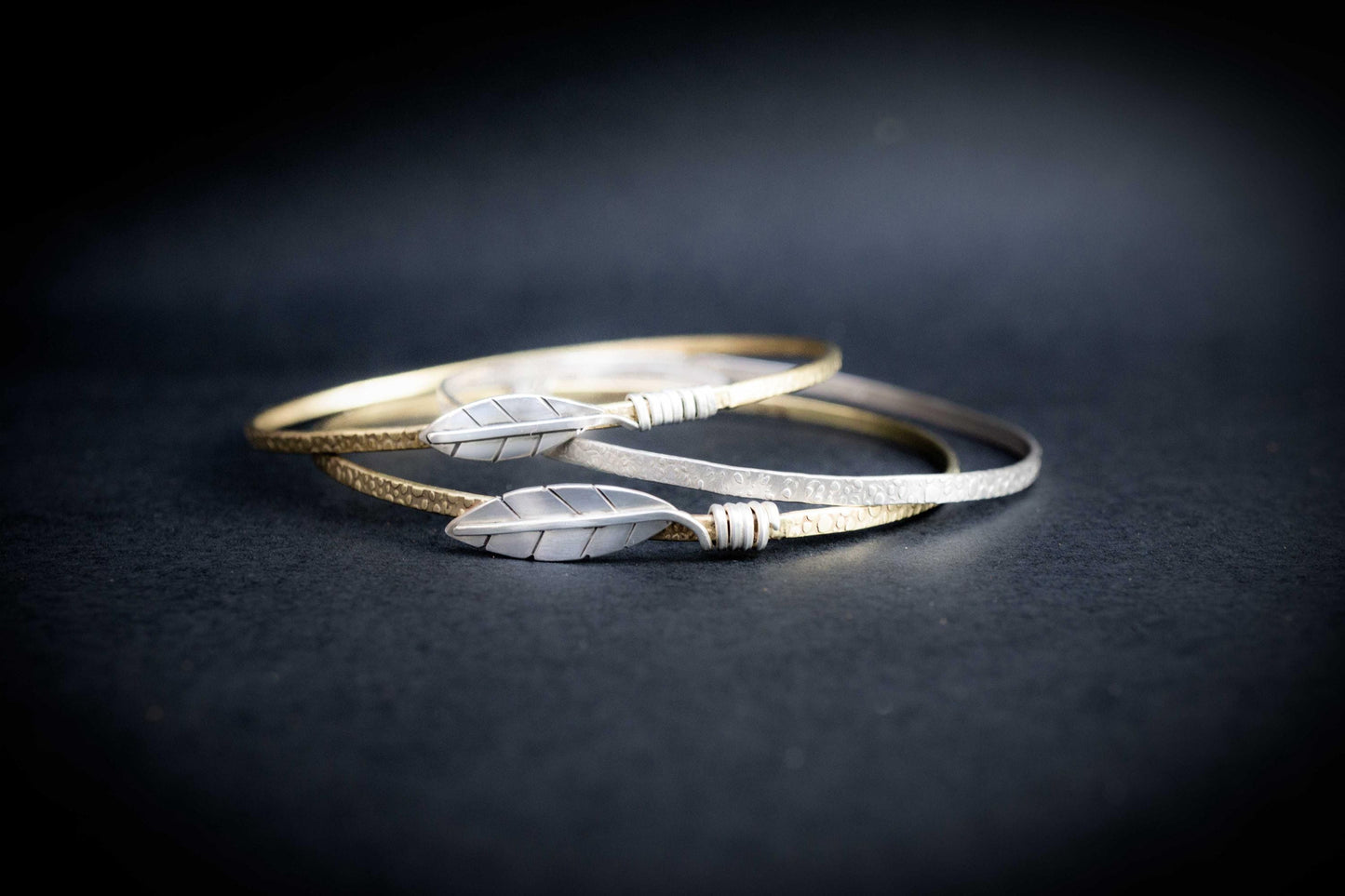 Mixed Metal Bangle Bracelet Set: Sterling Silver Leaf & Brass, set of three