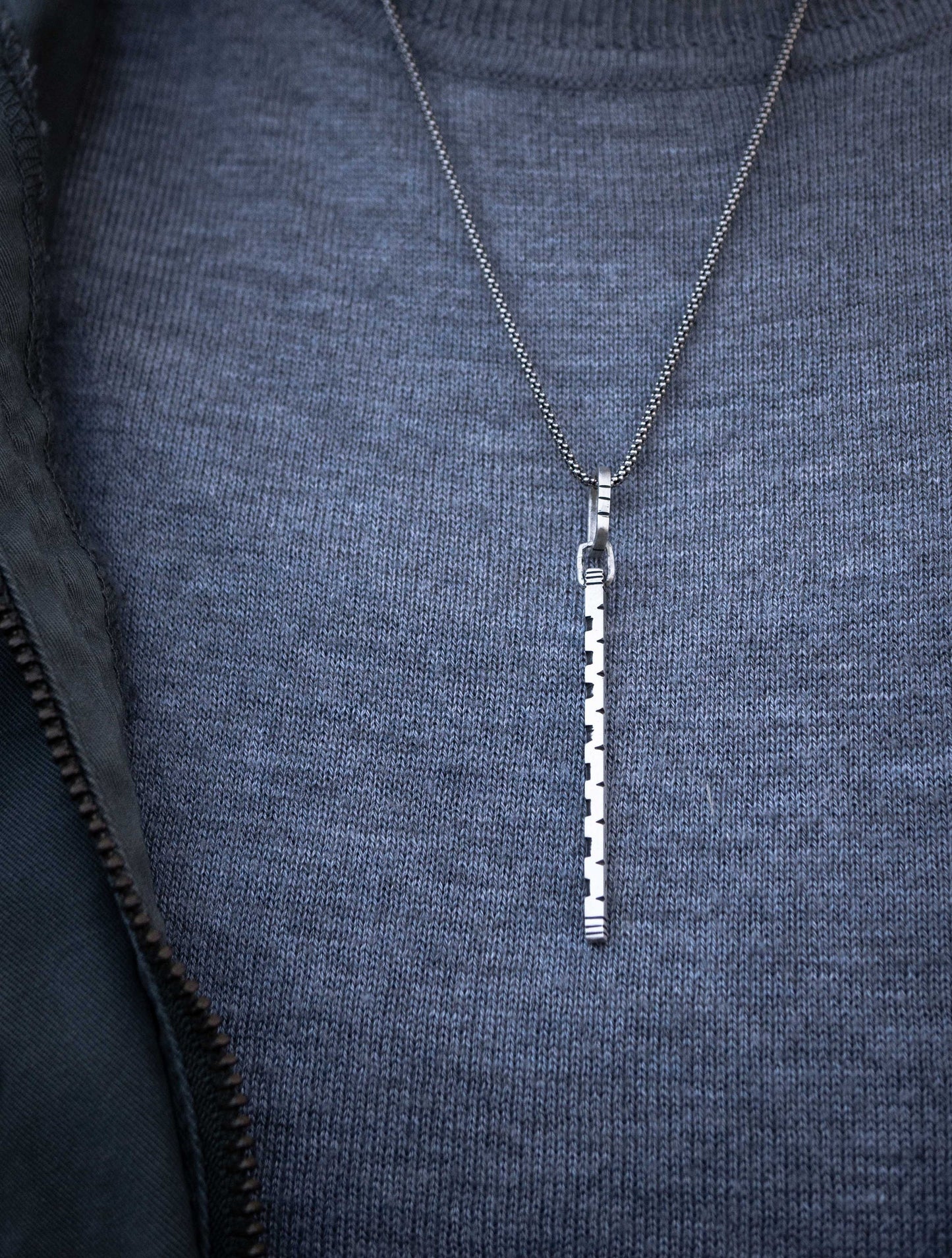 Hand Carved Sterling Silver Bar Pendant Necklace for Men