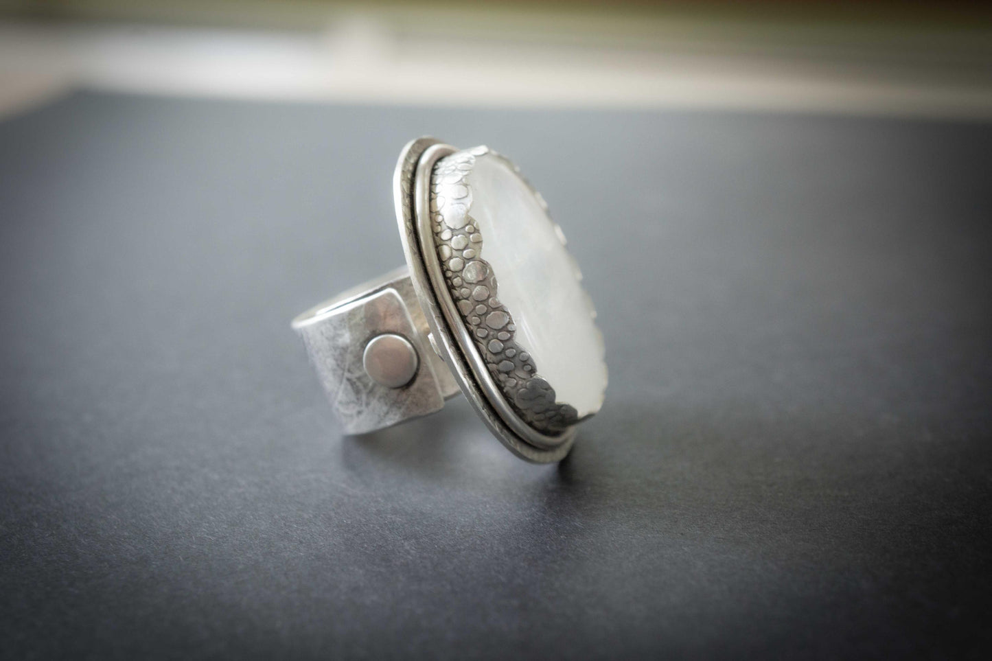 Big Moonstone Ring, all sterling silver handmade, adjustable ring band