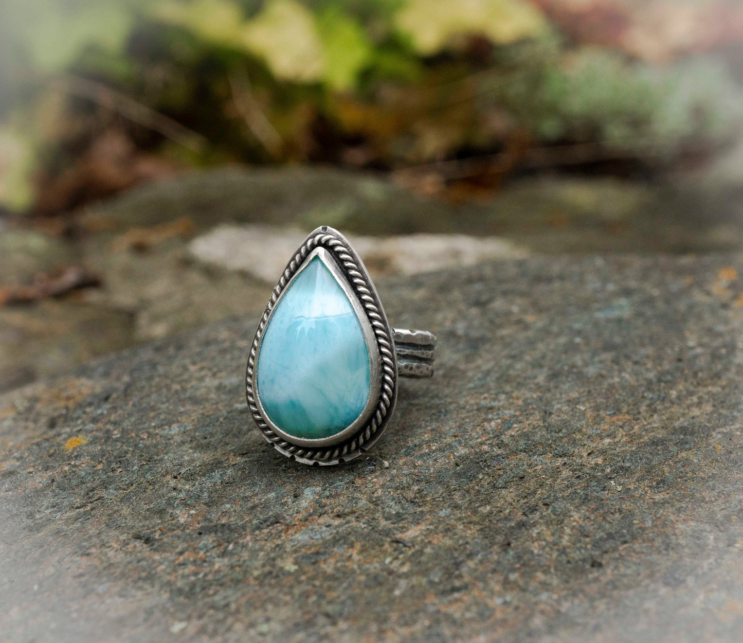 Larimar Sterling Silver Ring: Pear-Shaped Blue Gemstone, Size 9.5