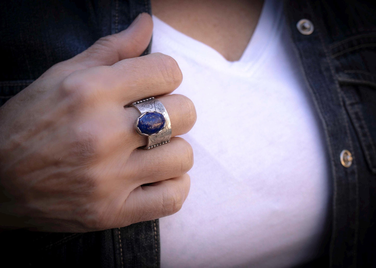 Sterling Silver Lapis Lazuli Ring: Wide Band,  handmade