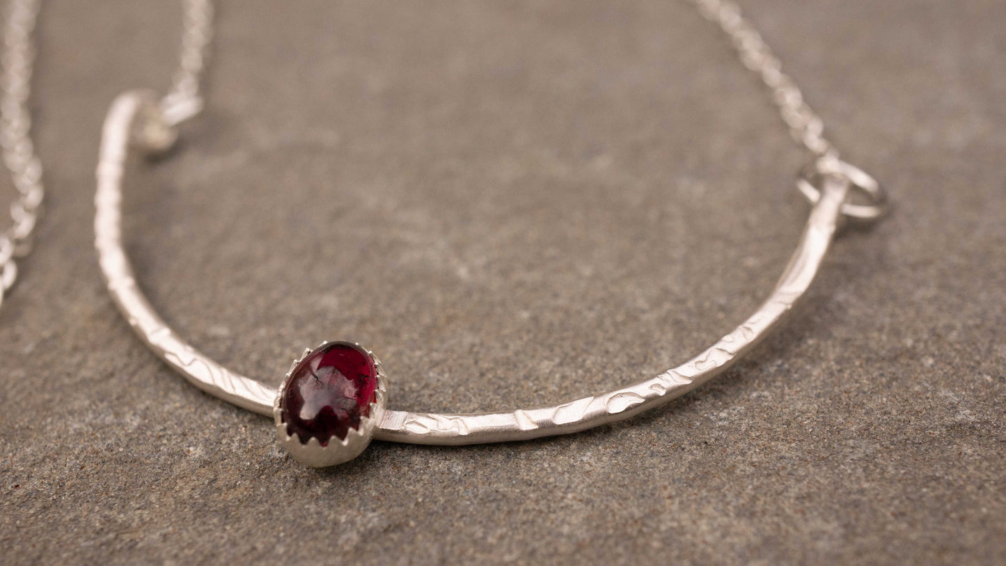 Garnet Necklace: January Birthstone, Textured Sterling Silver Bar