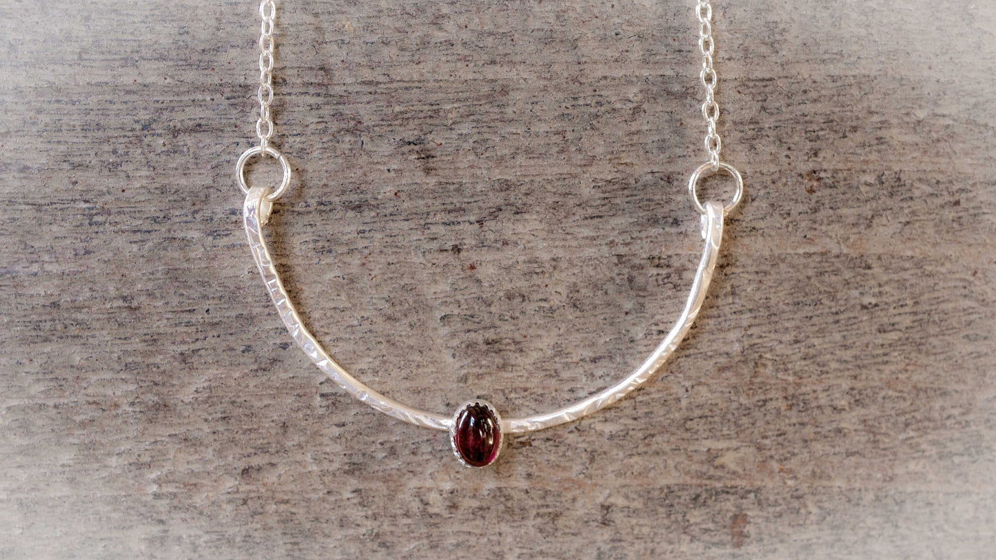 Garnet Necklace: January Birthstone, Textured Sterling Silver Bar