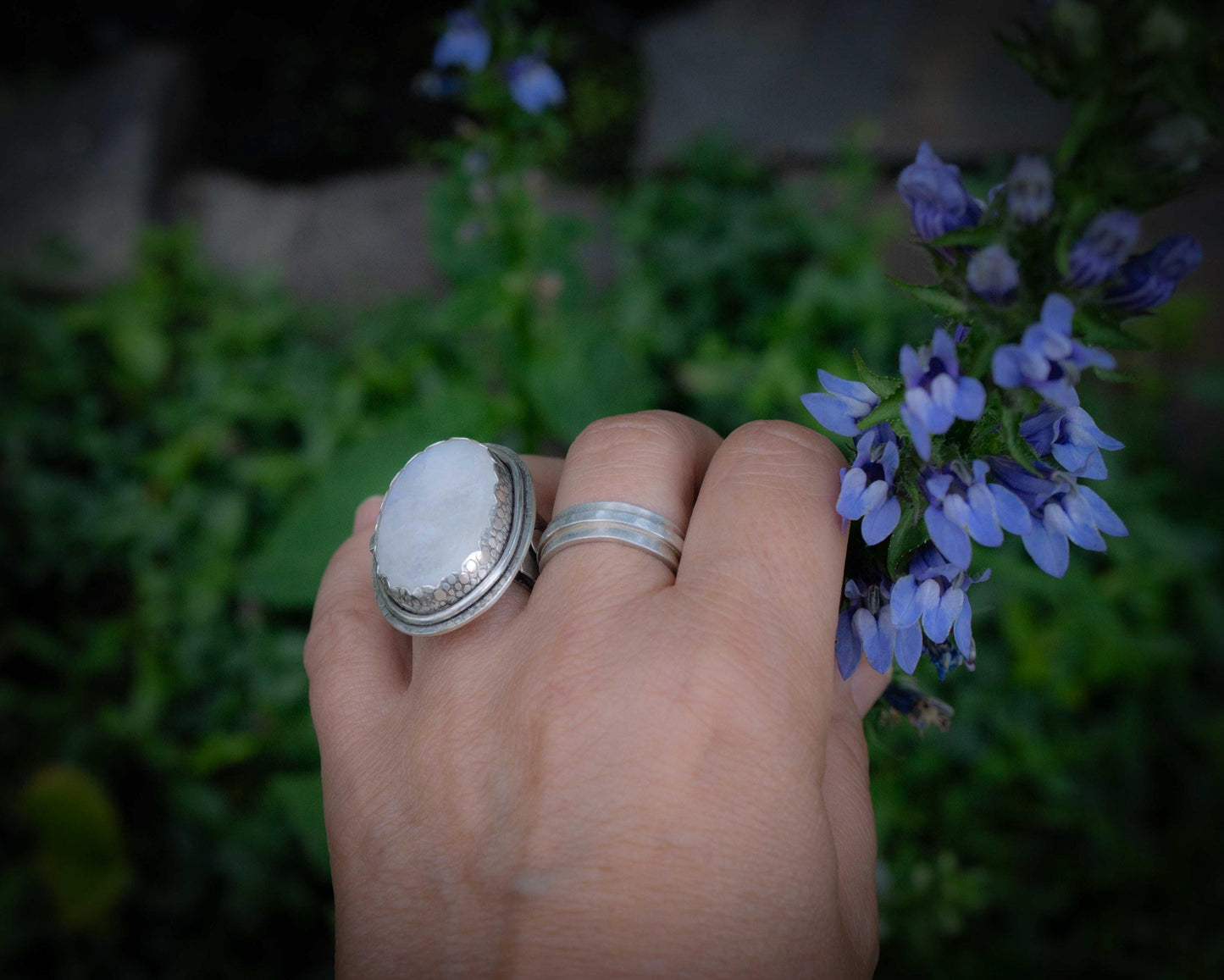 Big Moonstone Ring, all sterling silver handmade, adjustable ring band