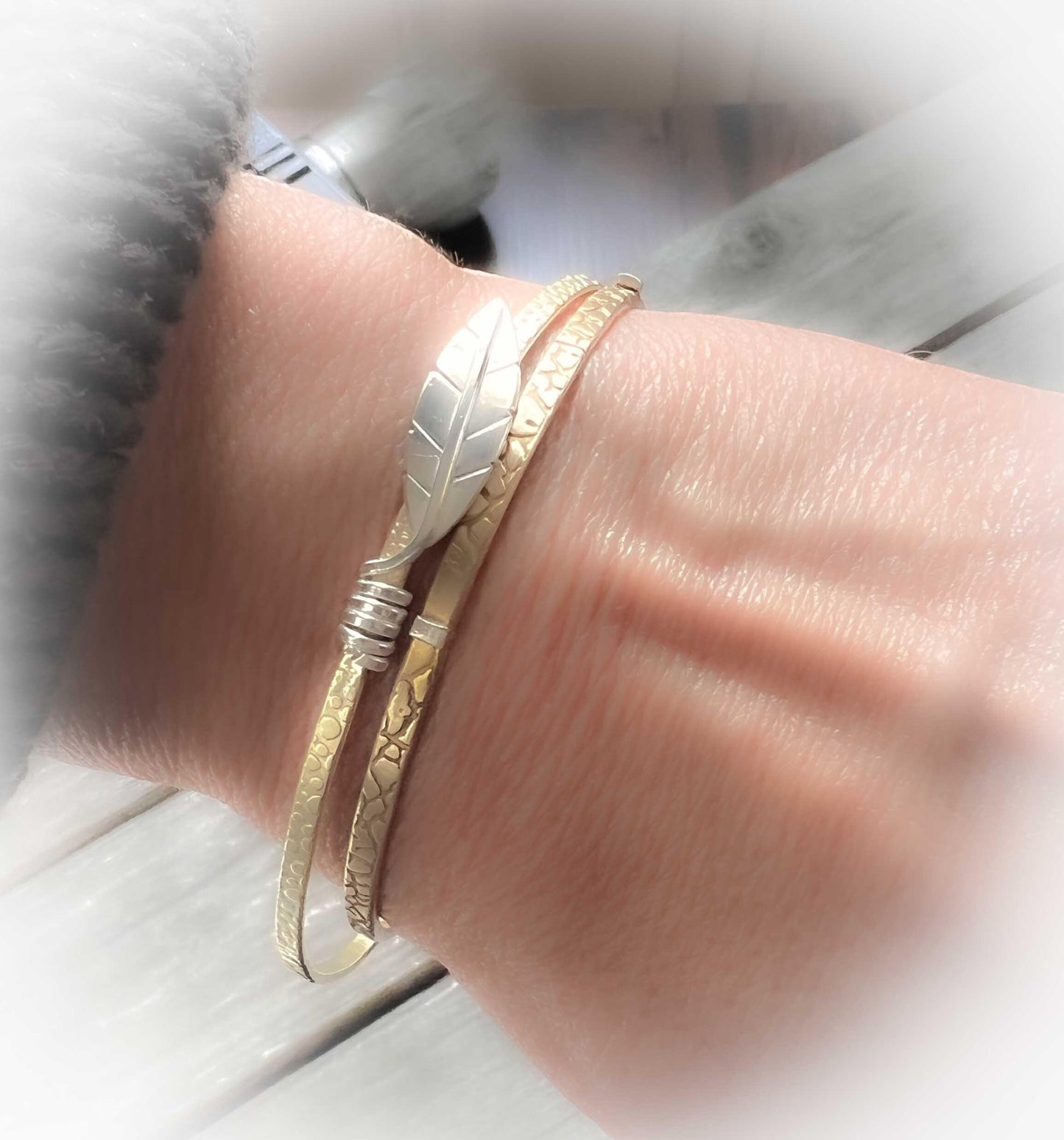 Mixed Metal Leaf Bangle Bracelet: Sterling Silver & Jewelers Brass