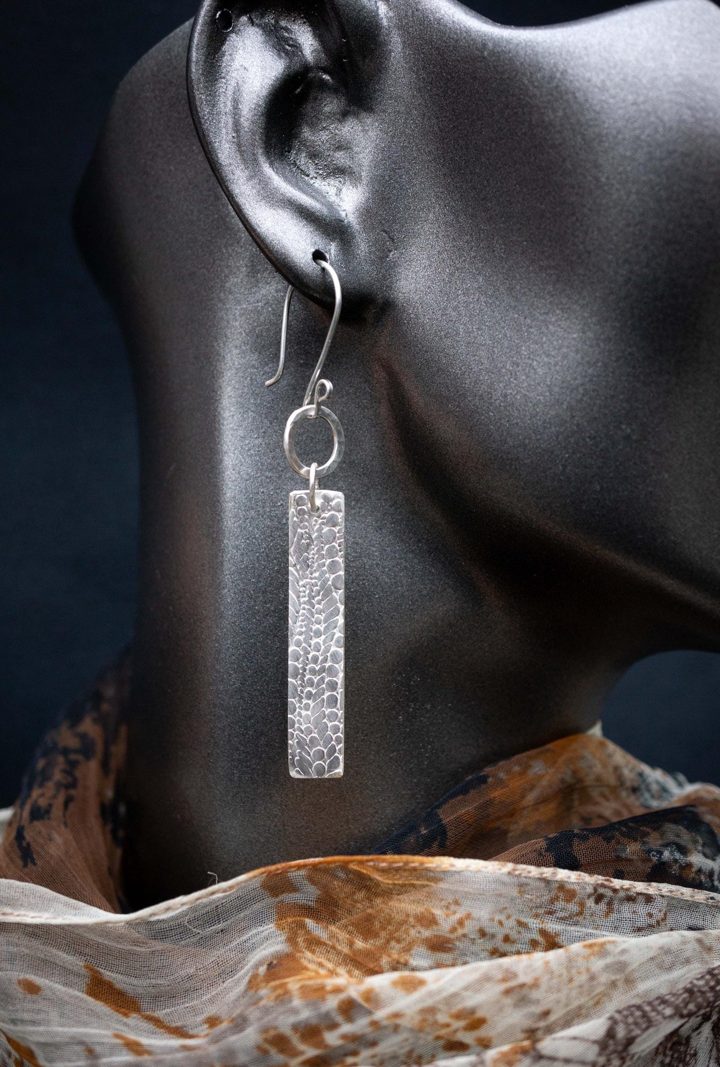 Textured Sterling Silver Bar Earrings: Long Geometric Dangle