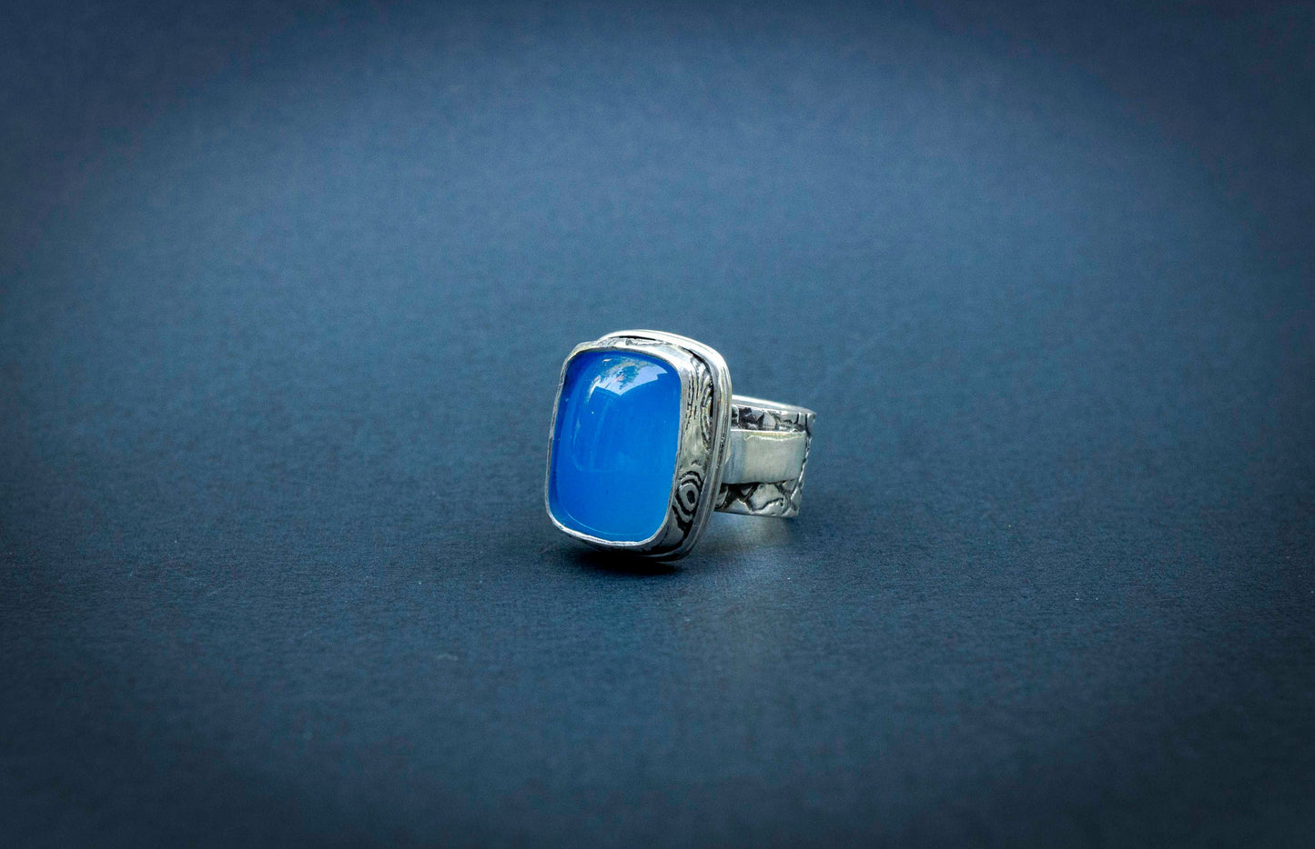 Electric Blue Chalcedony Ring: Oxidized Recycled Sterling Silver, Handmade