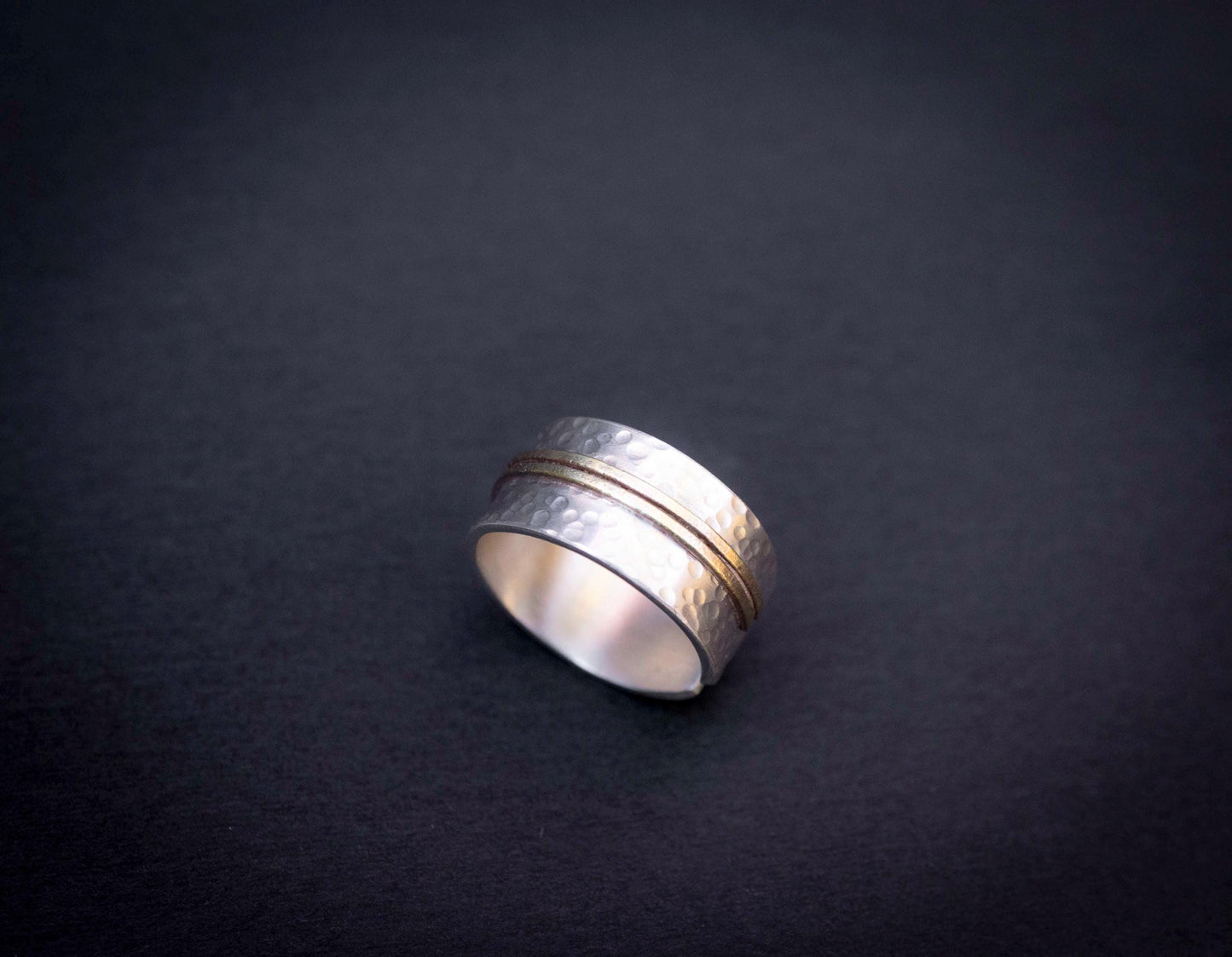 Hammered Sterling Silver & Gold Ring: Mixed Metal Open Band