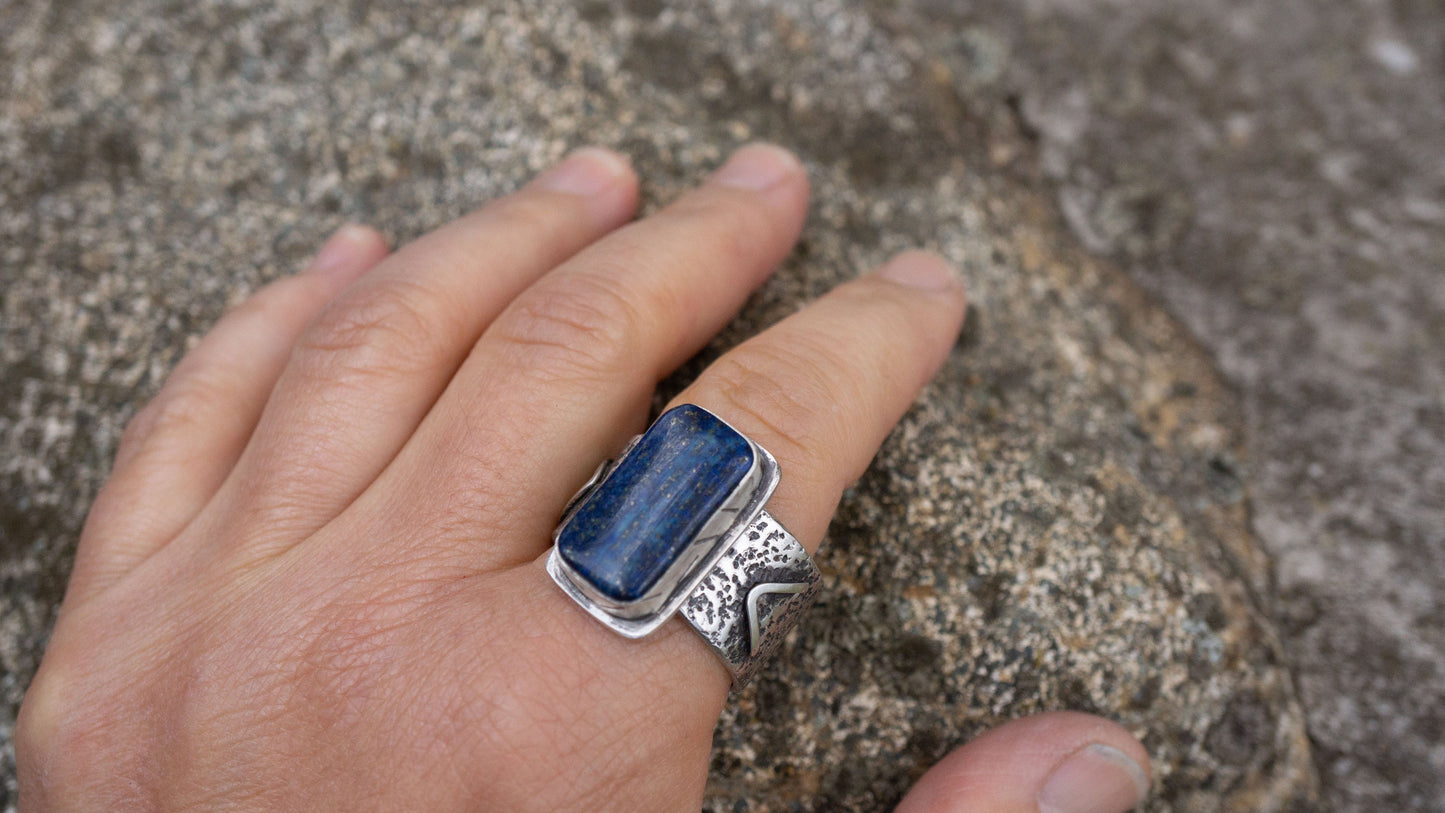 Lapis Lazuli Ring all sterling silver; Handmade Rustic Ring Size 11