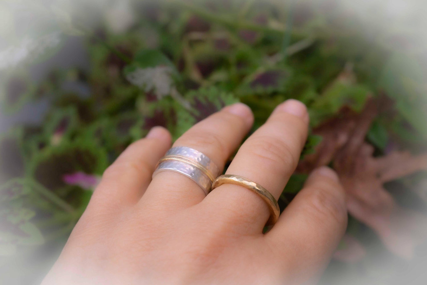 Hammered Sterling Silver & Gold Ring: Mixed Metal Open Band
