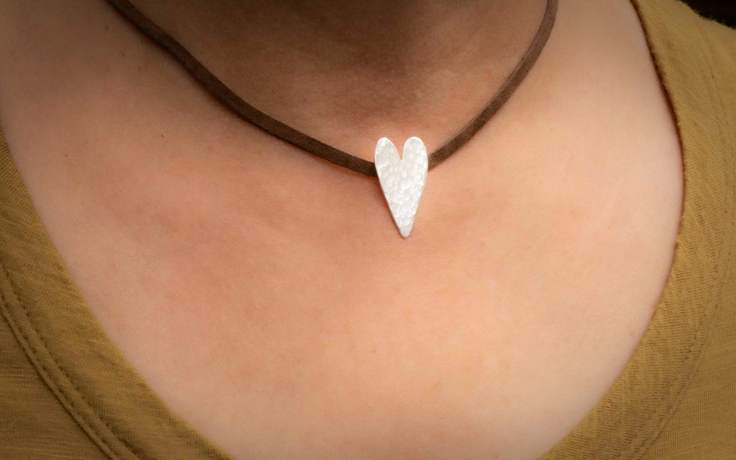 Hammered Sterling Silver Heart Choker: Boho Leather Cord Necklace