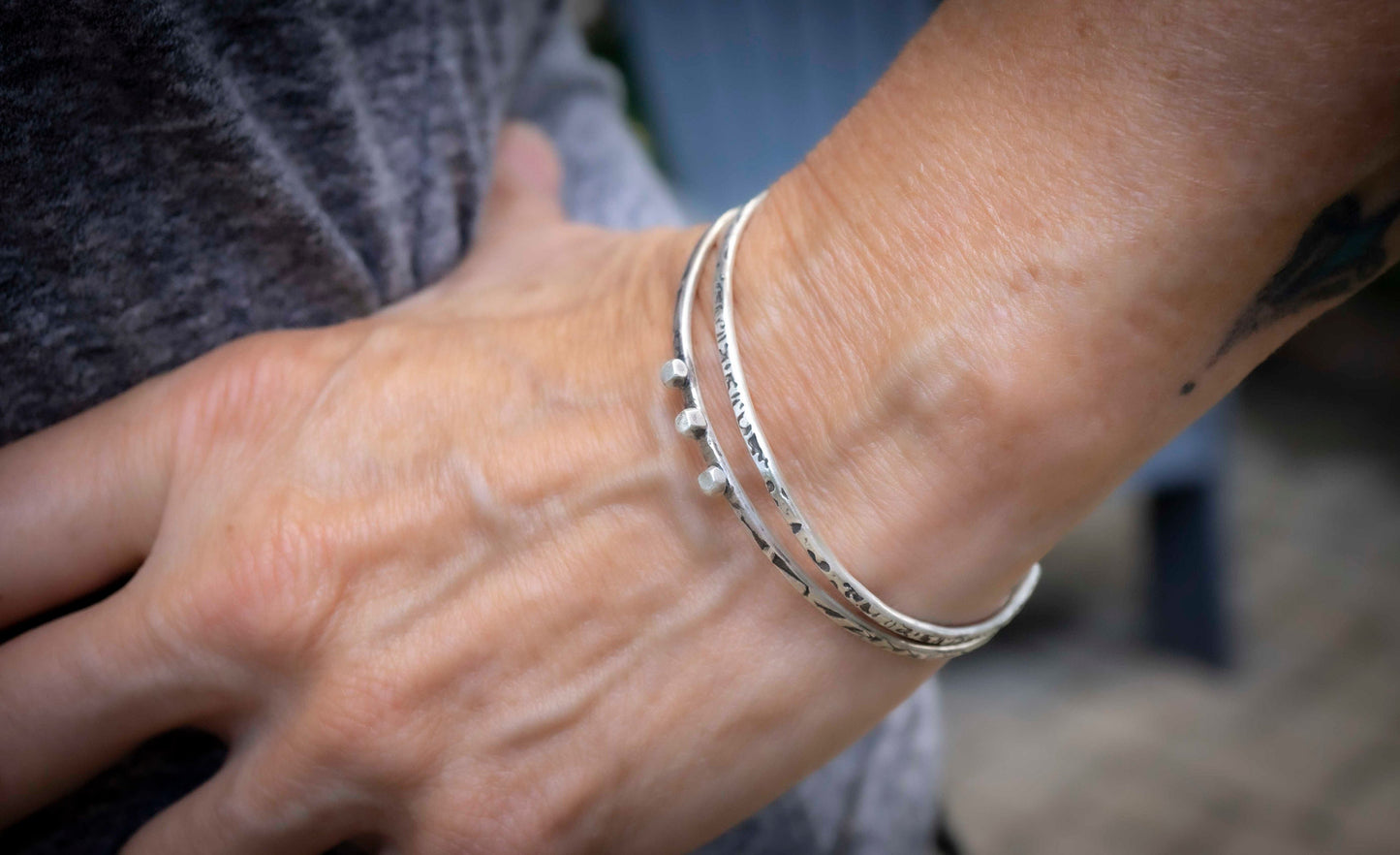 Oxidized Sterling Silver Cuff Bracelet Set: Handmade Minimalist Style