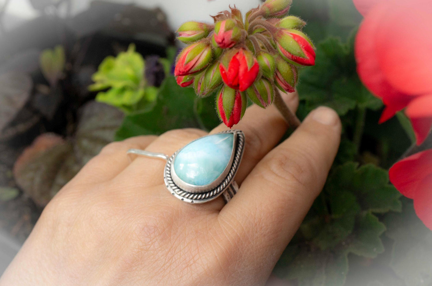 Larimar Sterling Silver Ring: Pear-Shaped Blue Gemstone, Size 9.5