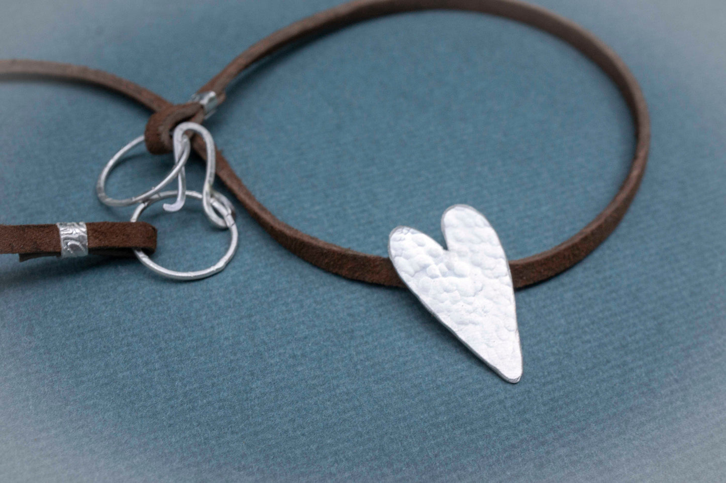 Hammered Sterling Silver Heart Choker: Boho Leather Cord Necklace