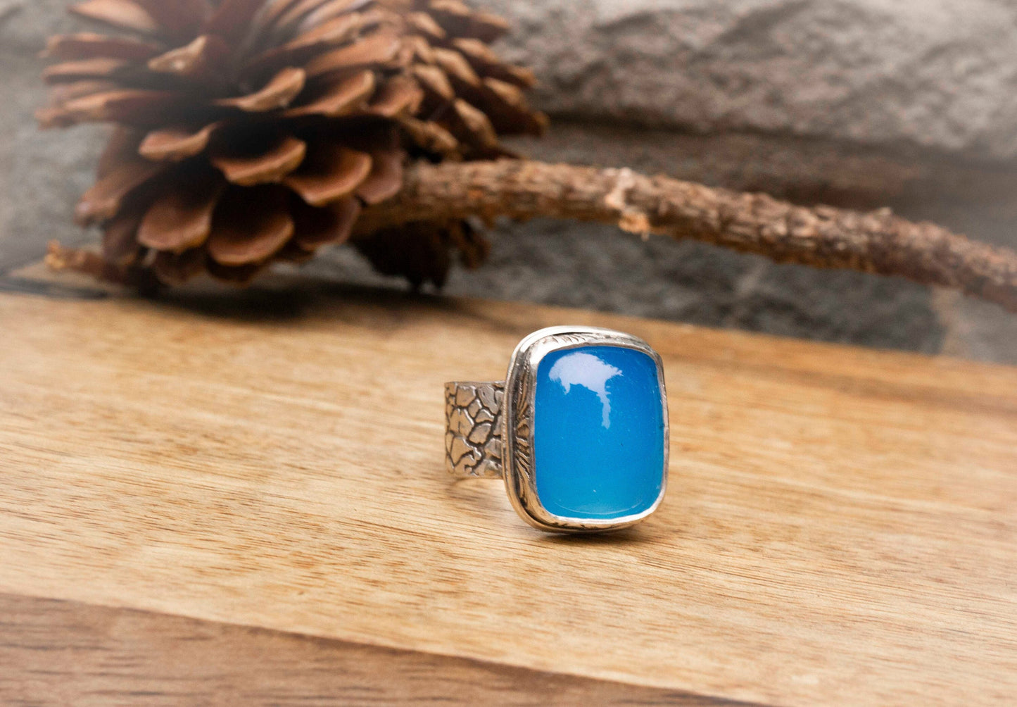 Electric Blue Chalcedony Ring: Oxidized Recycled Sterling Silver, Handmade