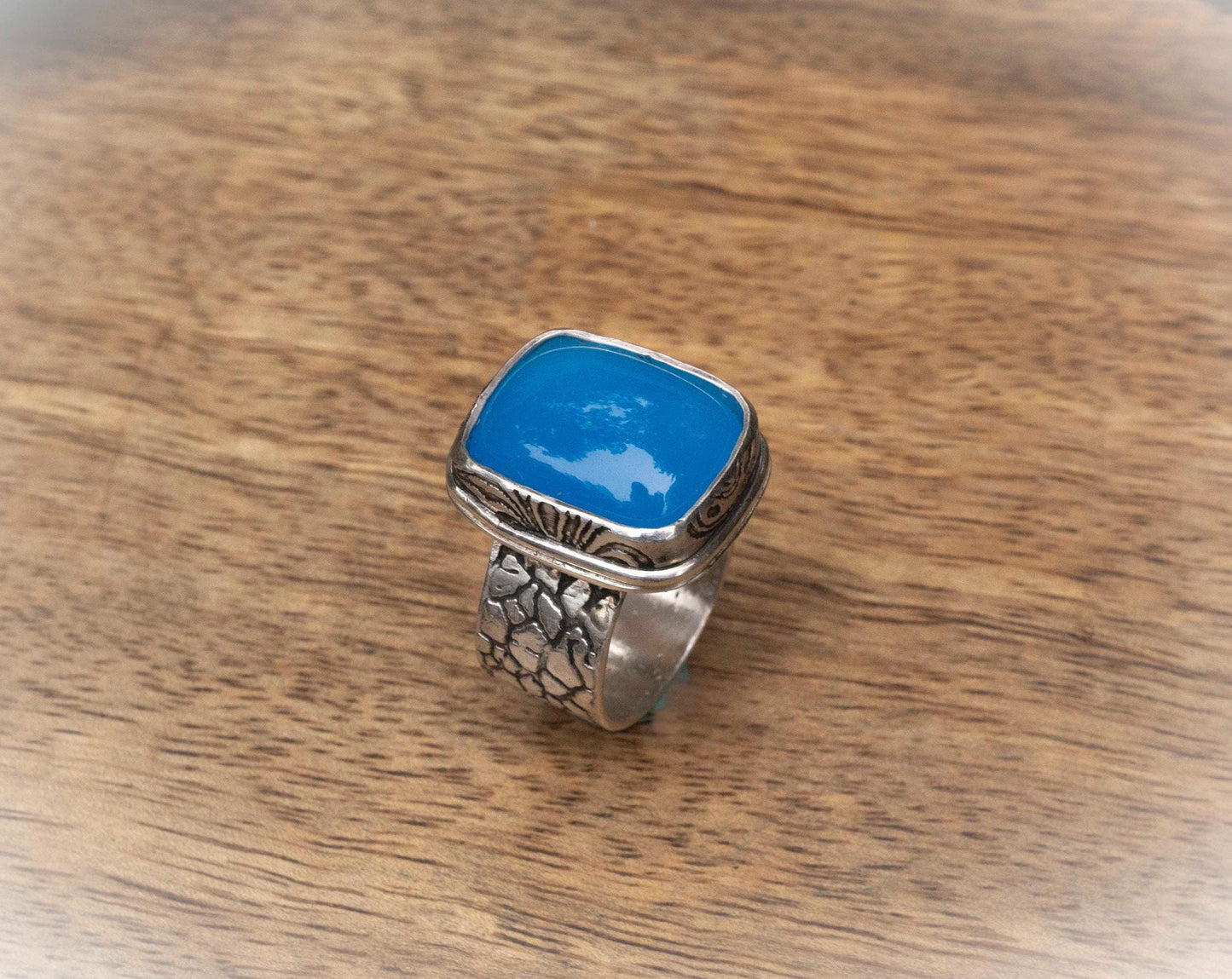 Electric Blue Chalcedony Ring: Oxidized Recycled Sterling Silver, Handmade