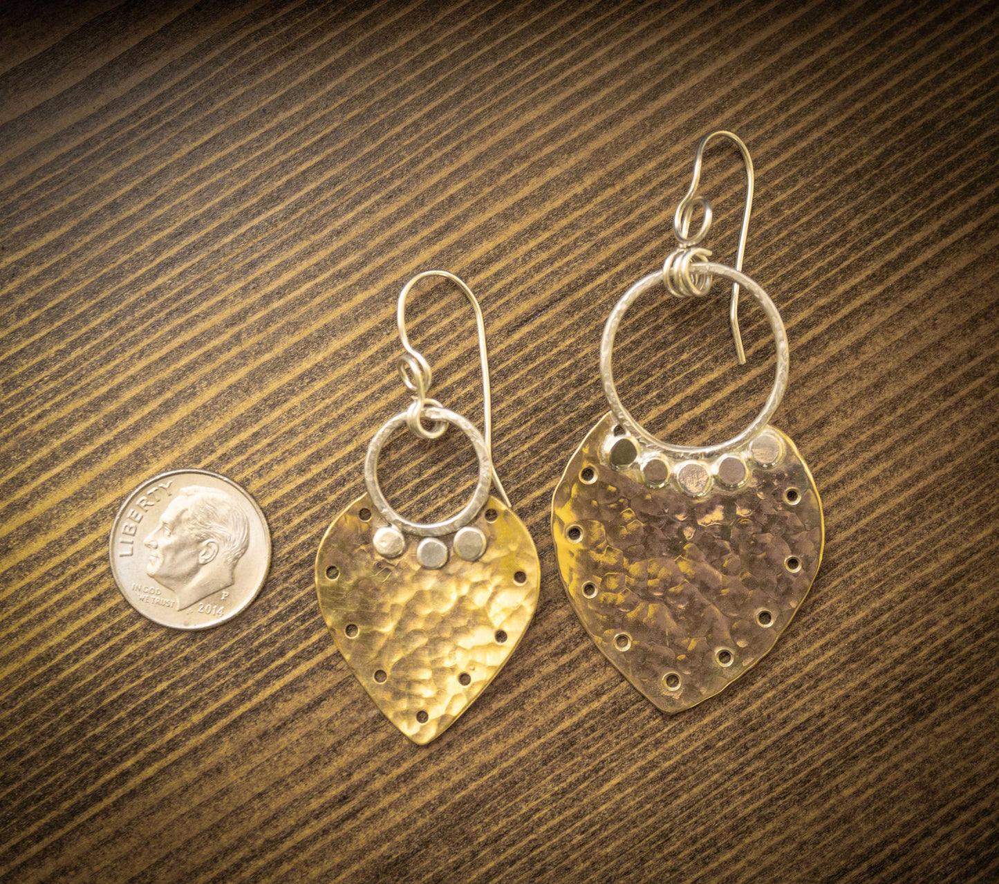 Hammered Brass and Sterling Silver Earrings: Mixed Metal Dangle Earrings