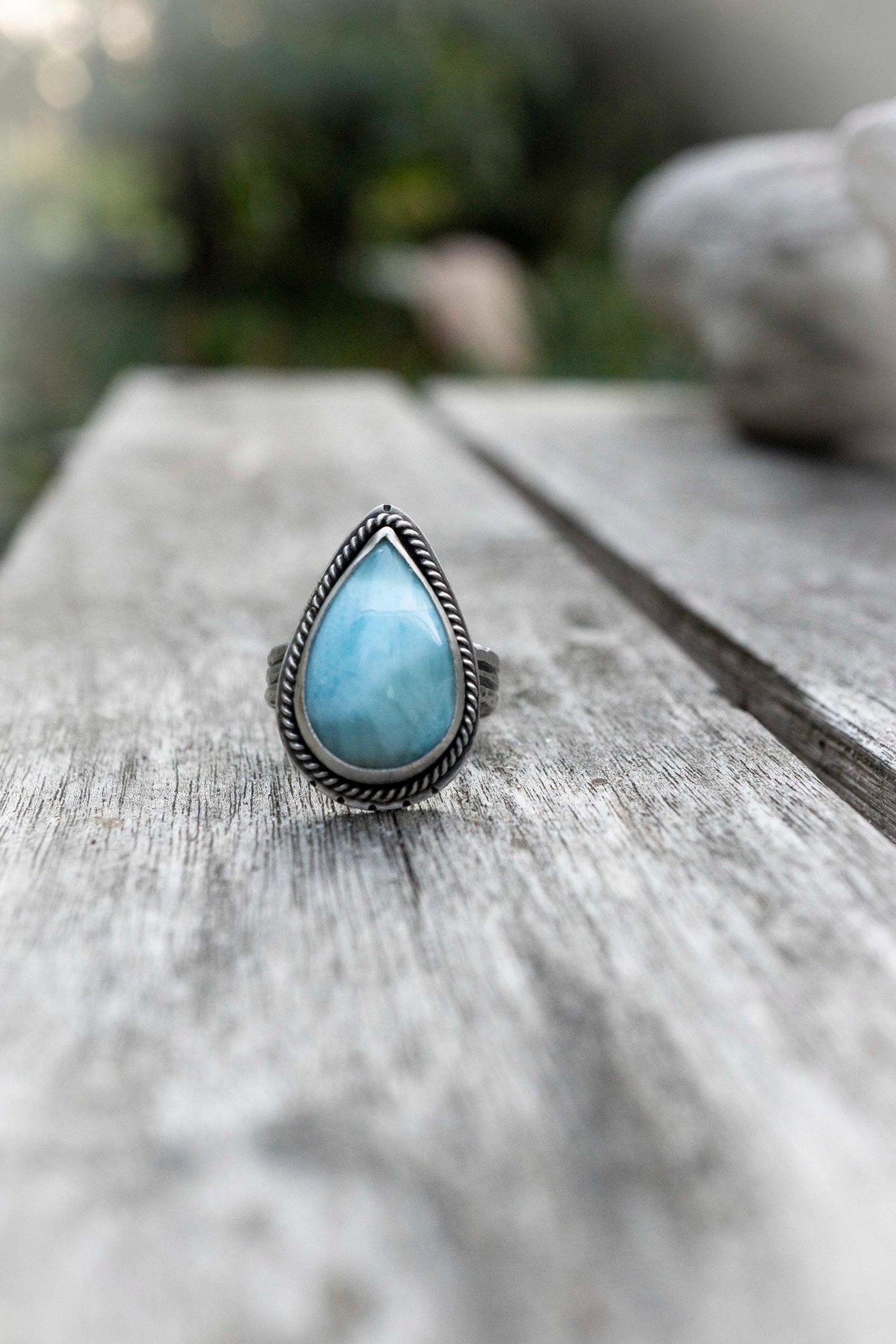 Larimar Sterling Silver Ring: Pear-Shaped Blue Gemstone, Size 9.5