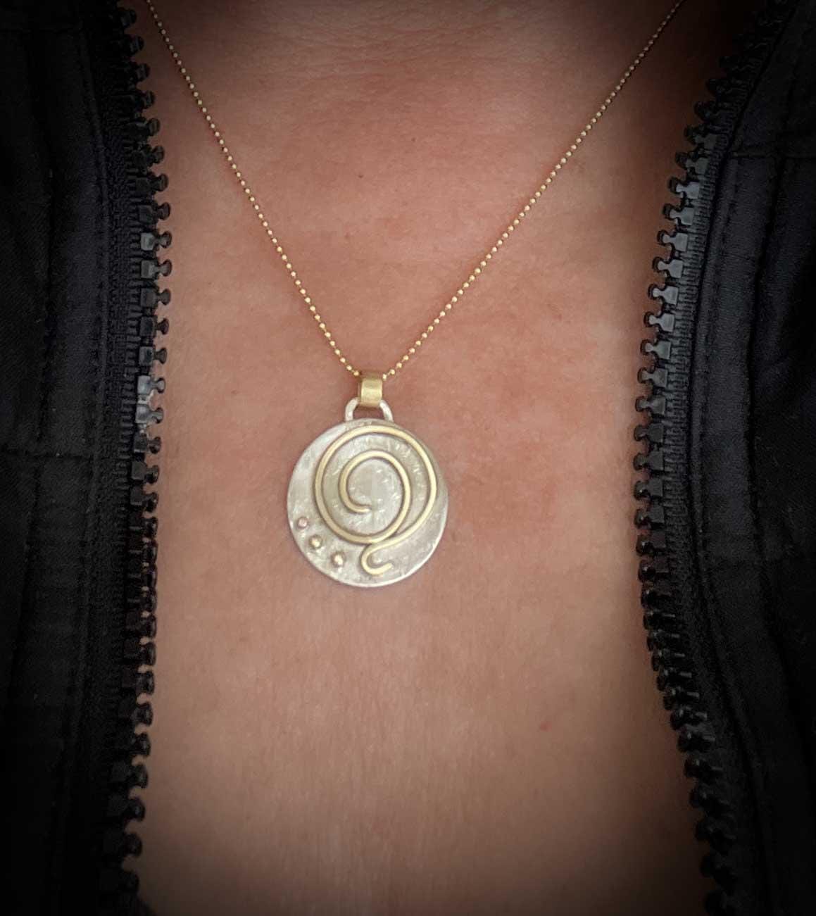 Gratitude Pendant, mixed metal silver and gold, handmade