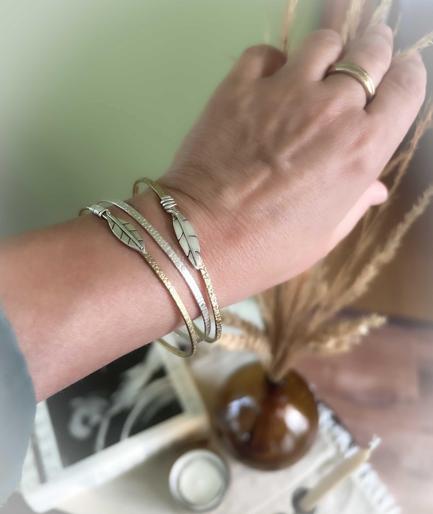 Mixed Metal Bangle Bracelet Set: Sterling Silver Leaf & Brass, set of three