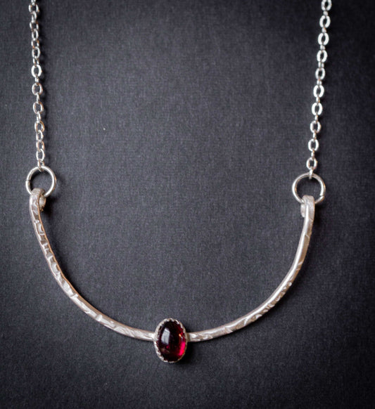 Garnet Necklace: January Birthstone, Textured Sterling Silver Bar