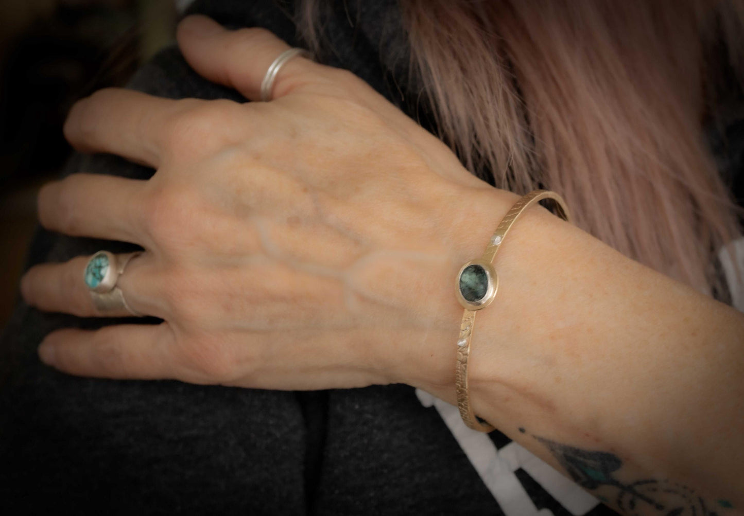 Kyanite Bracelet, Brass Cuff handmade with jewelers brass and fine silver