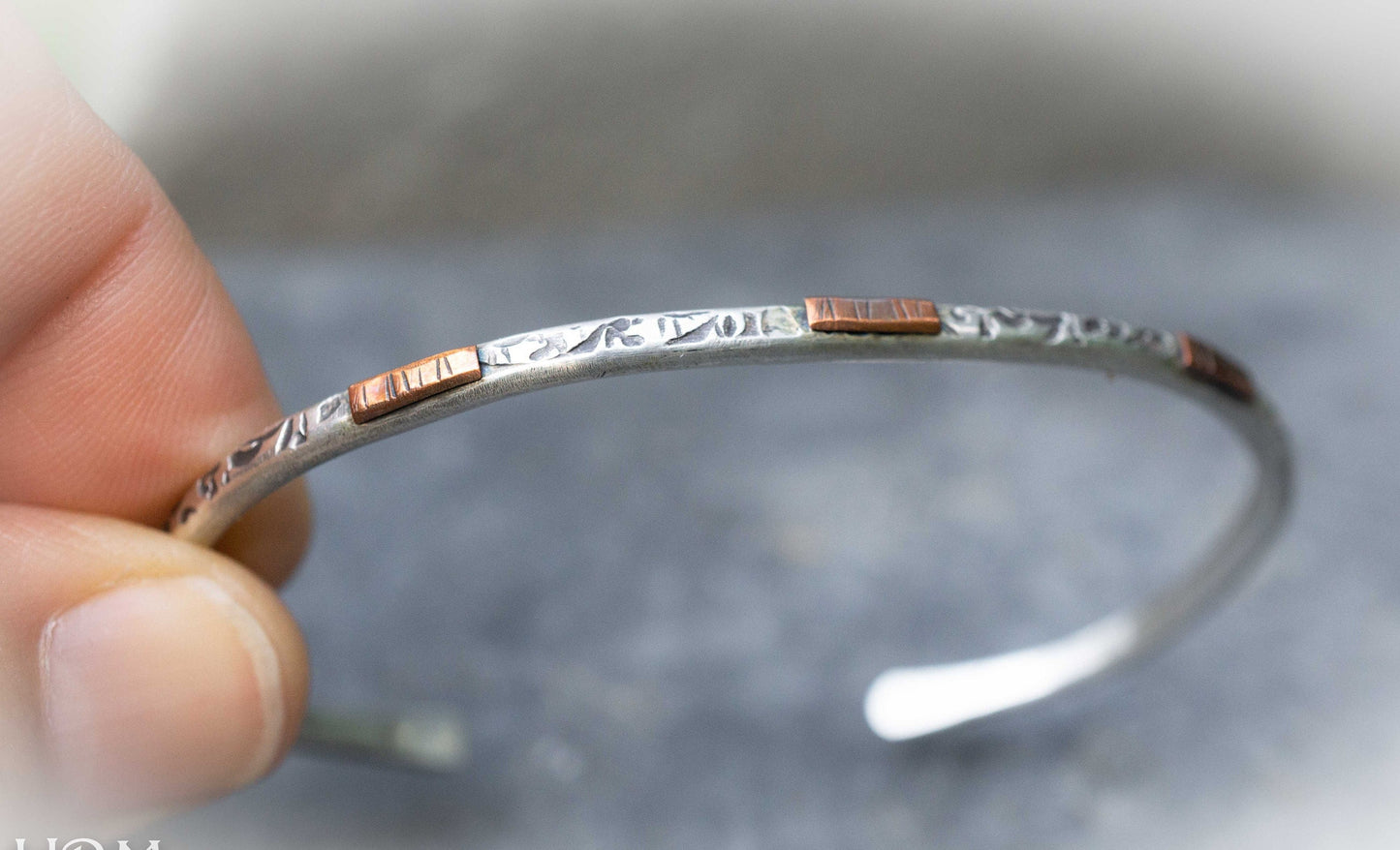 Handmade Thin Silver Cuff Bracelet: Copper Accent, Rugged Design