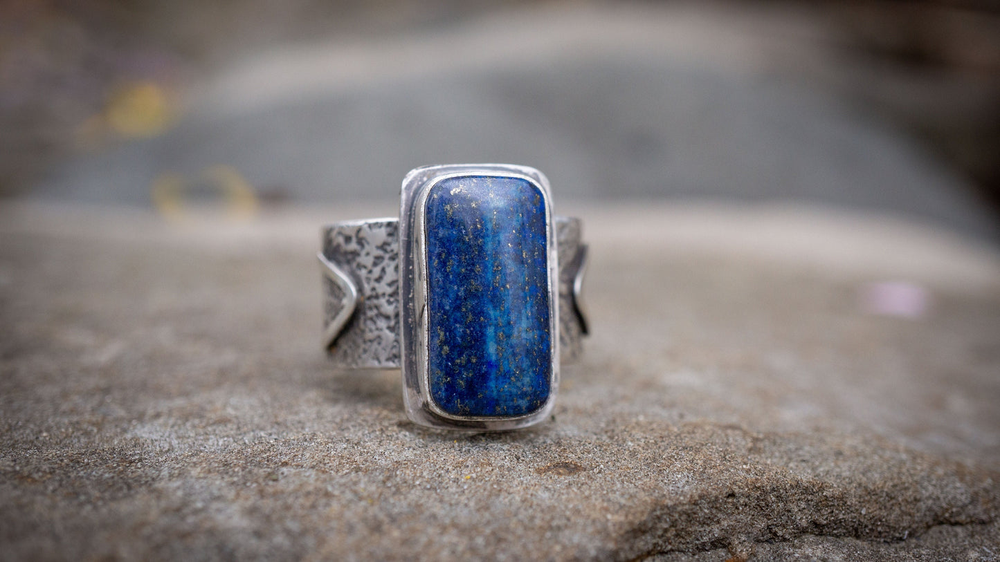 Lapis Lazuli Ring all sterling silver; Handmade Rustic Ring Size 11